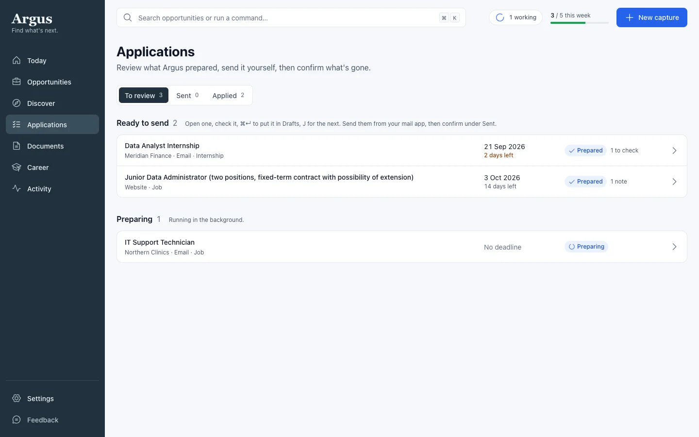 The Applications queue, showing prepared applications waiting to be reviewed.
