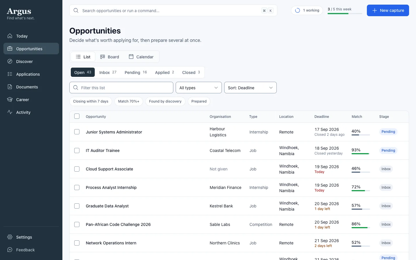The Opportunities list, with deadlines, match scores and stages.