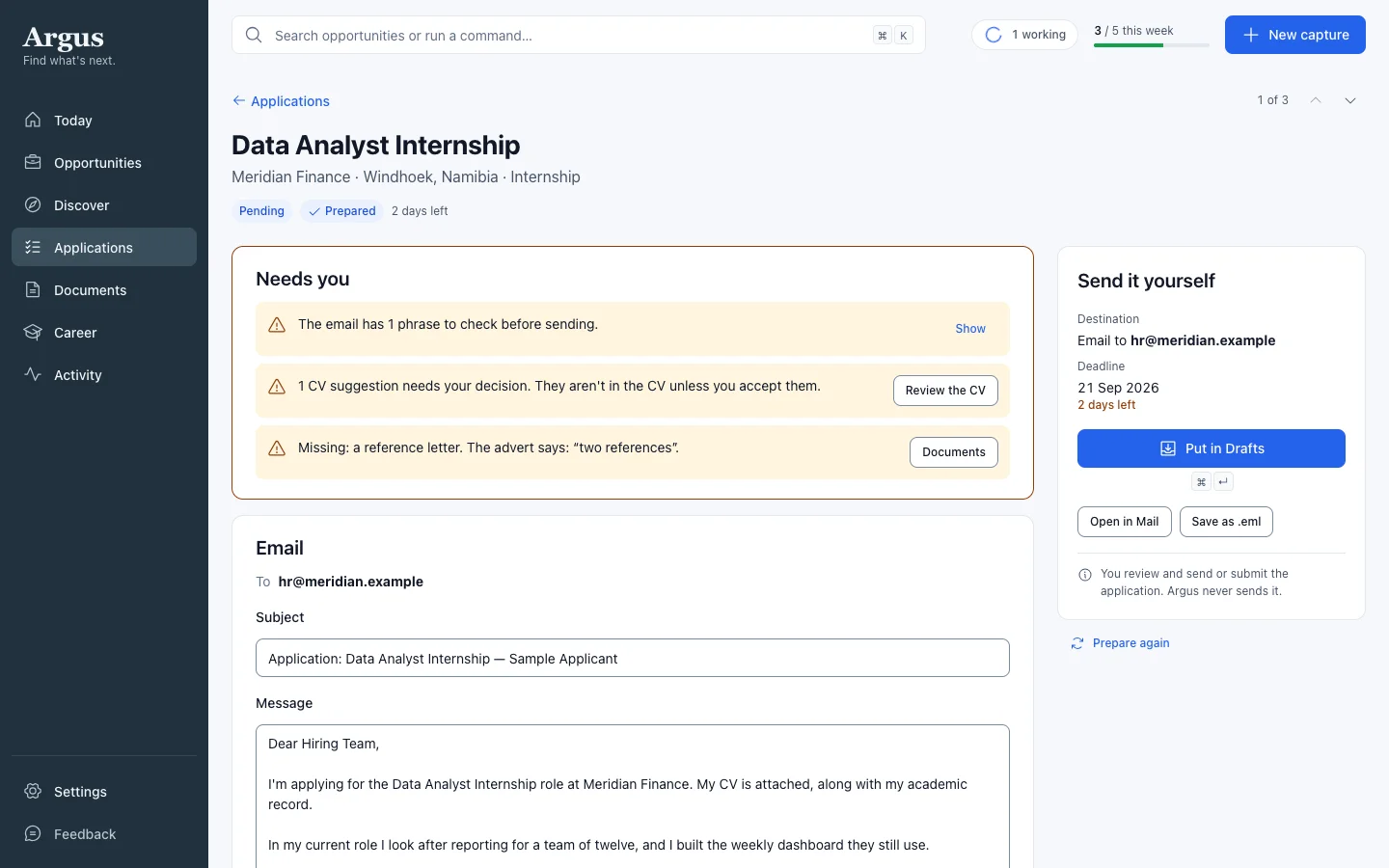 Reviewing one application: what needs your attention, the email, and the send panel.