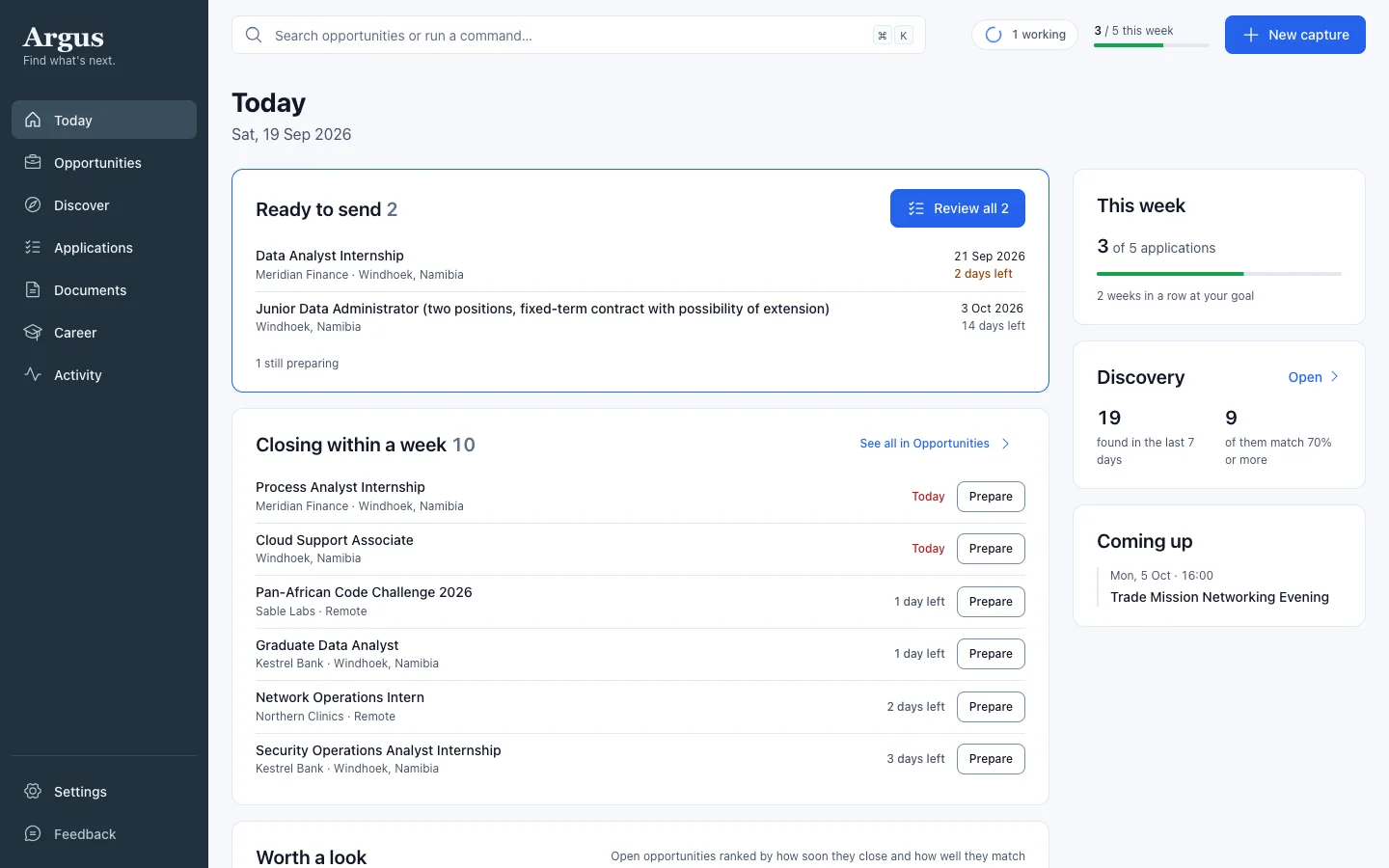 The Today screen: what is ready to send, what closes this week, and the week's goal.